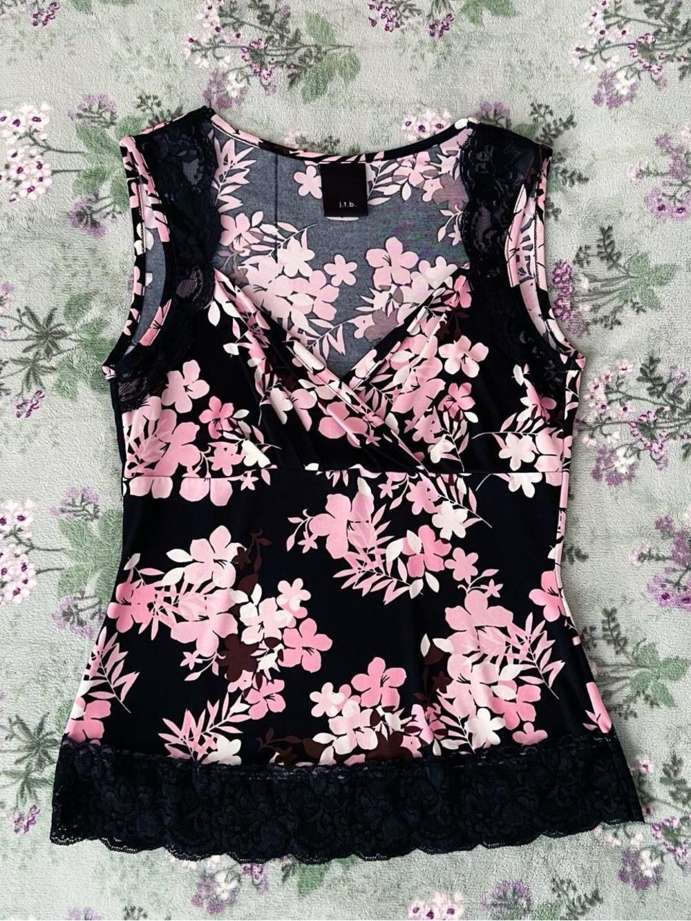 Vintage j.t.b Y2K Garden Fairy Floral Printed  Lace Trim Blouse 💗🖤🌸